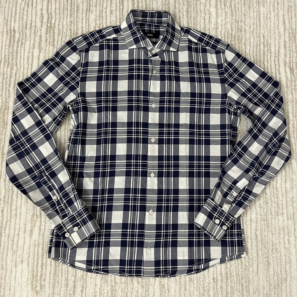 Hugo Boss Men's Slim Fit Blue White Long Sleeve Button Up Plaid Shirt Size 38 15